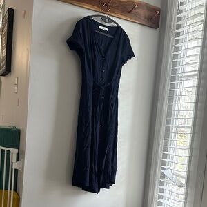 LOFT Navy Eyelet Tie Waist Button Sundress